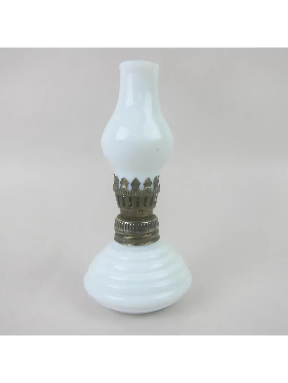 Antique Miniature Oil Lamp White Milk Glass Chimney & Beehive Base 4.5